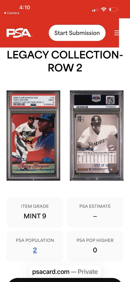1998 Flair Legacy Row 2 Tony Gwynn /100 Tony Gwynn PSA MINT 9 Pop 2 None Higher