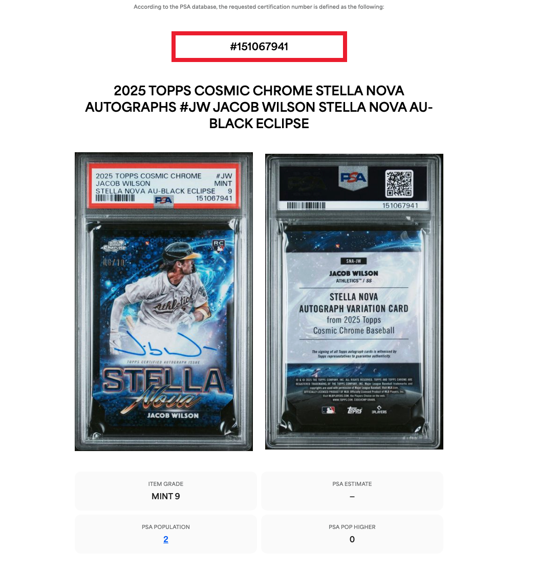 2025 Topps Cosmic Chrome Jacob Wilson StellaNova Black Eclipse Auto /10 PSA 9 RC