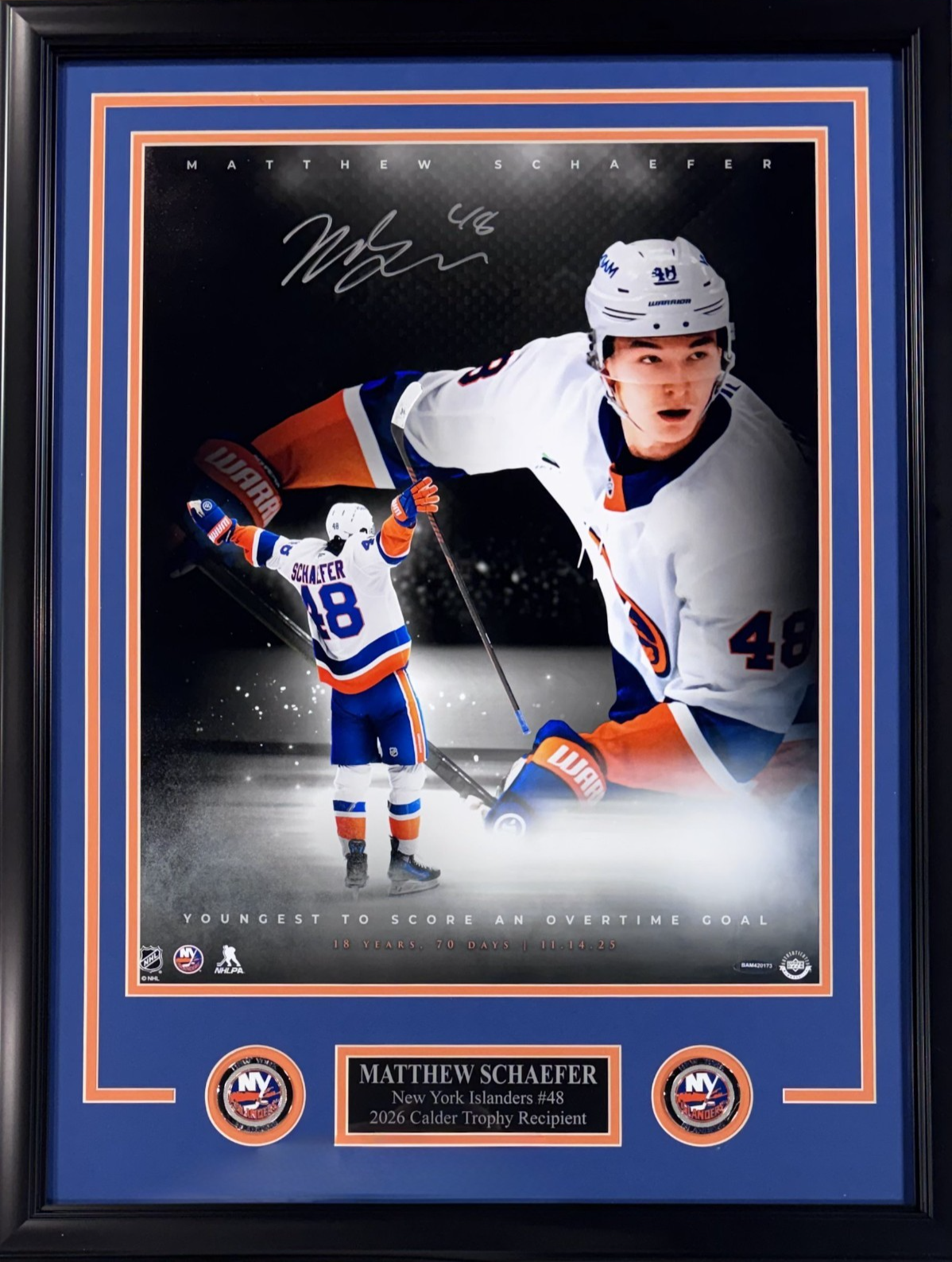Matthew Schaefer Signed 16x20 1st OT Goal Photo Framed UDA COA Plaque Islanders