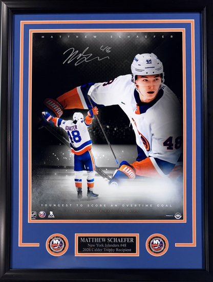 Matthew Schaefer Signed 16x20 1st OT Goal Photo Framed UDA COA Plaque Islanders