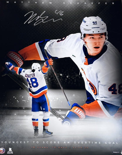 Matthew Schaefer Signed 16x20 1st OT Goal Photo Framed UDA COA Plaque Islanders