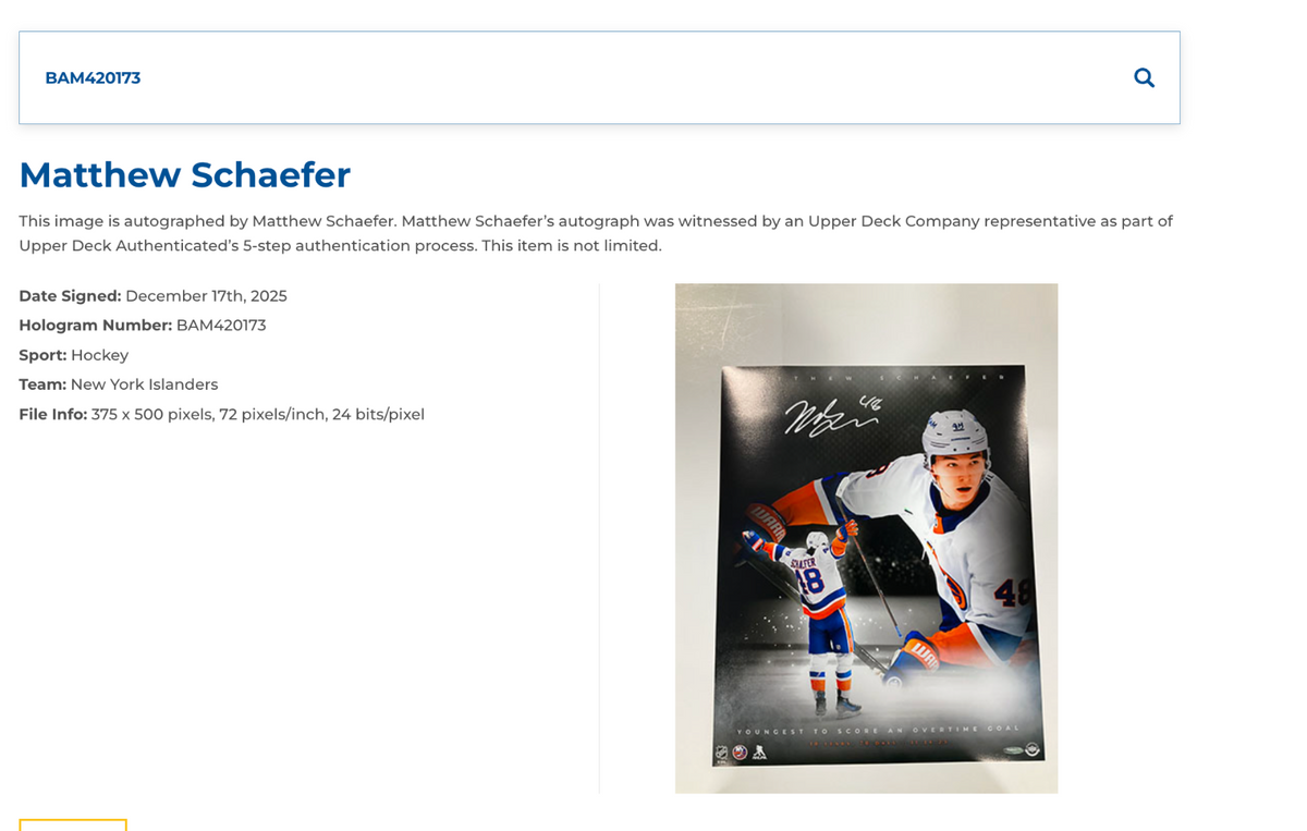 Matthew Schaefer Signed 16x20 1st OT Goal Photo Framed UDA COA Plaque Islanders