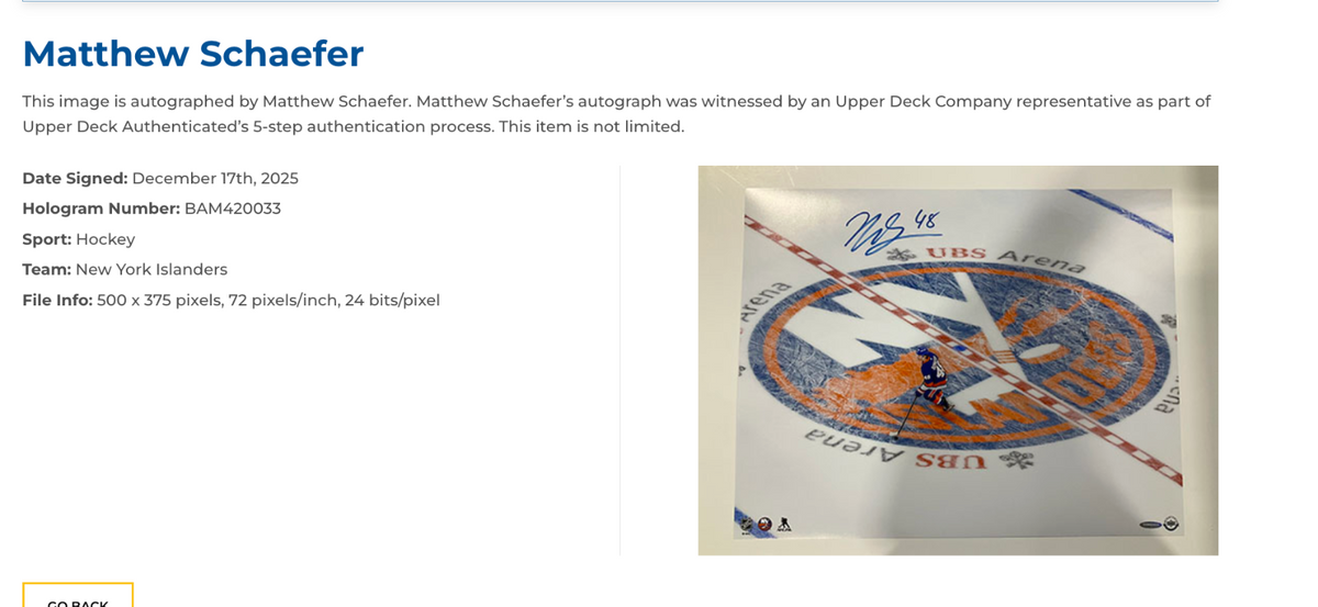 Matthew Schaefer Signed 16x20 Center Ice Photo Framed Plaque Auto UDA COA Isles