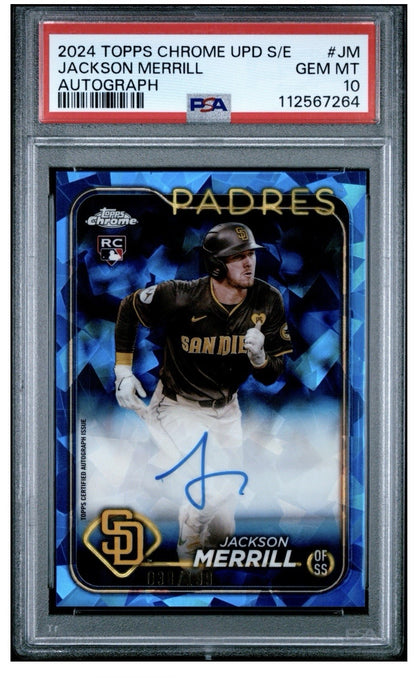 Topps 2024 Chrome Update Sapphire Jackson Merrill Rookie Auto /199 Psa 10 Gem MT