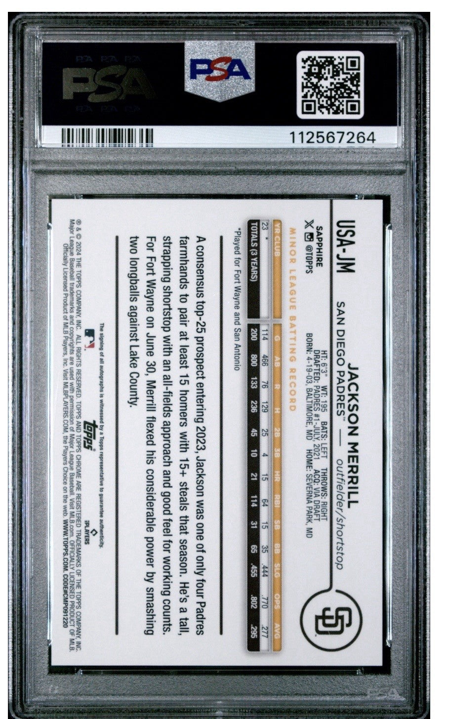 Topps 2024 Chrome Update Sapphire Jackson Merrill Rookie Auto /199 Psa 10 Gem MT