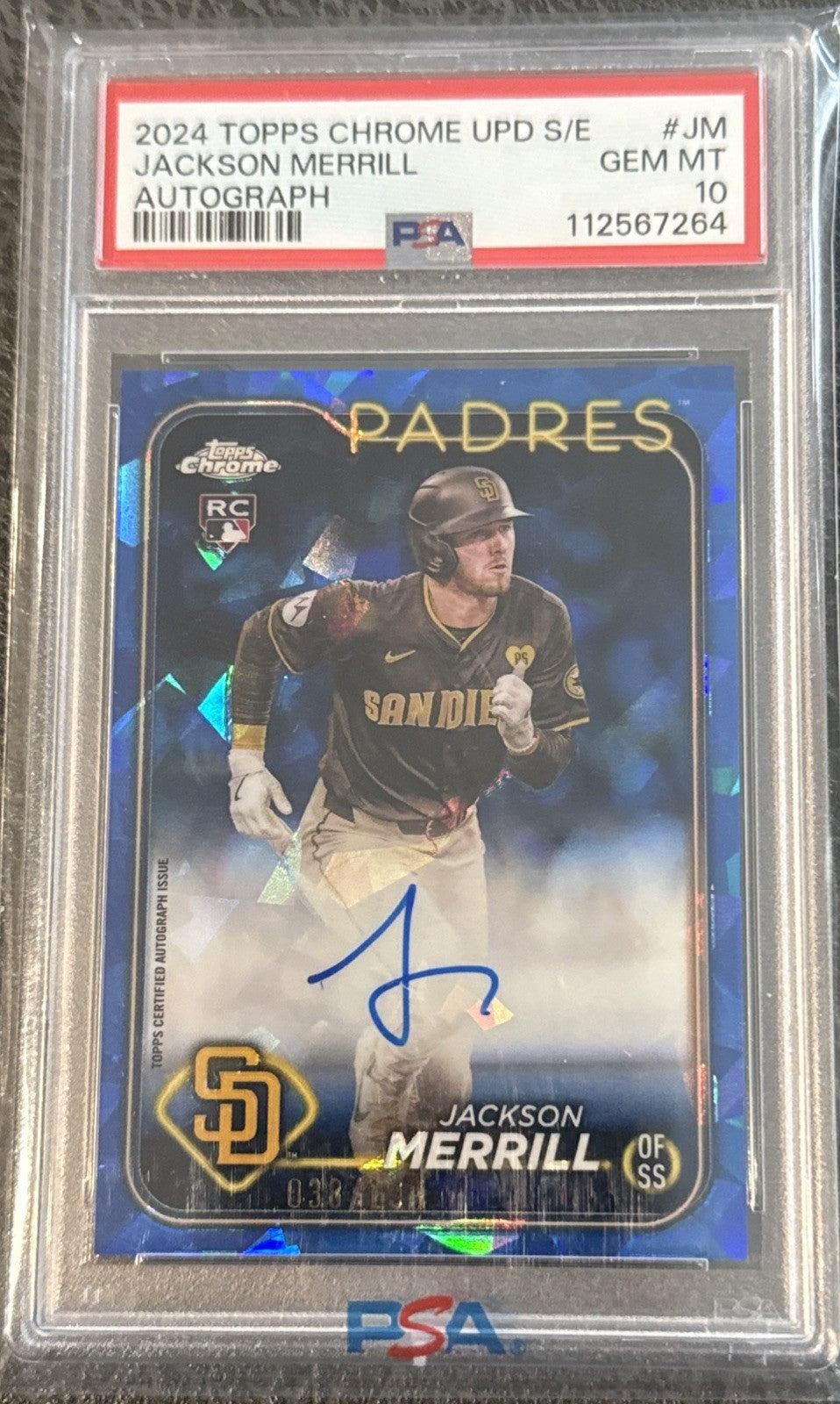 Topps 2024 Chrome Update Sapphire Jackson Merrill Rookie Auto /199 Psa 10 Gem MT