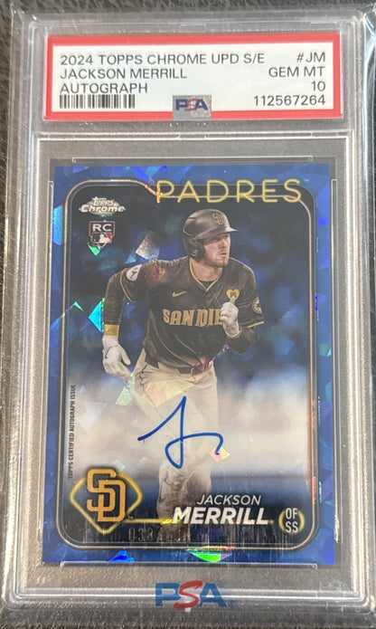 Topps 2024 Chrome Update Sapphire Jackson Merrill Rookie Auto /199 Psa 10 Gem MT