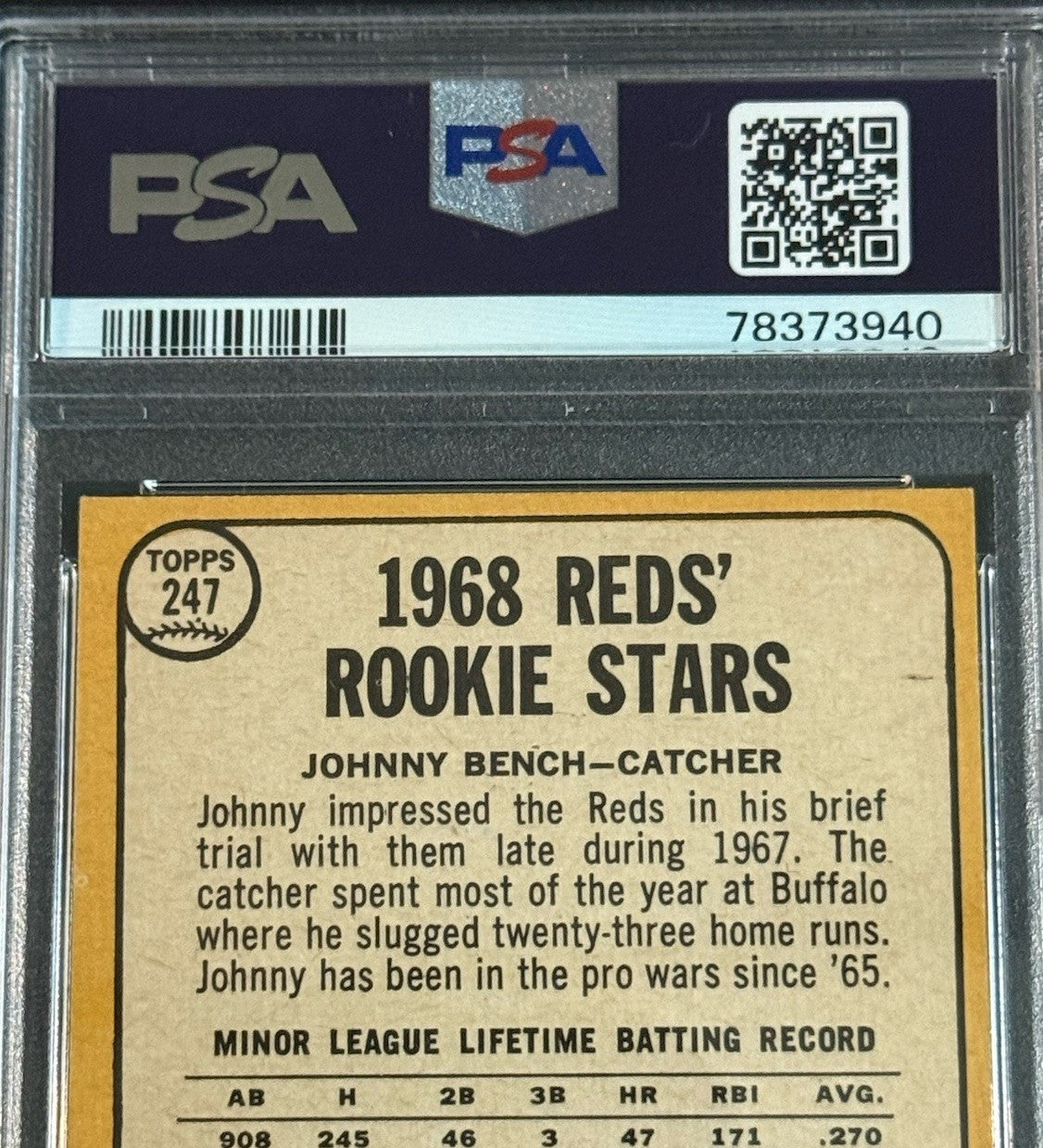 1968 Topps Johnny Bench RC Rookie HOF #247 PSA 6  LOOKS Nicer Centered