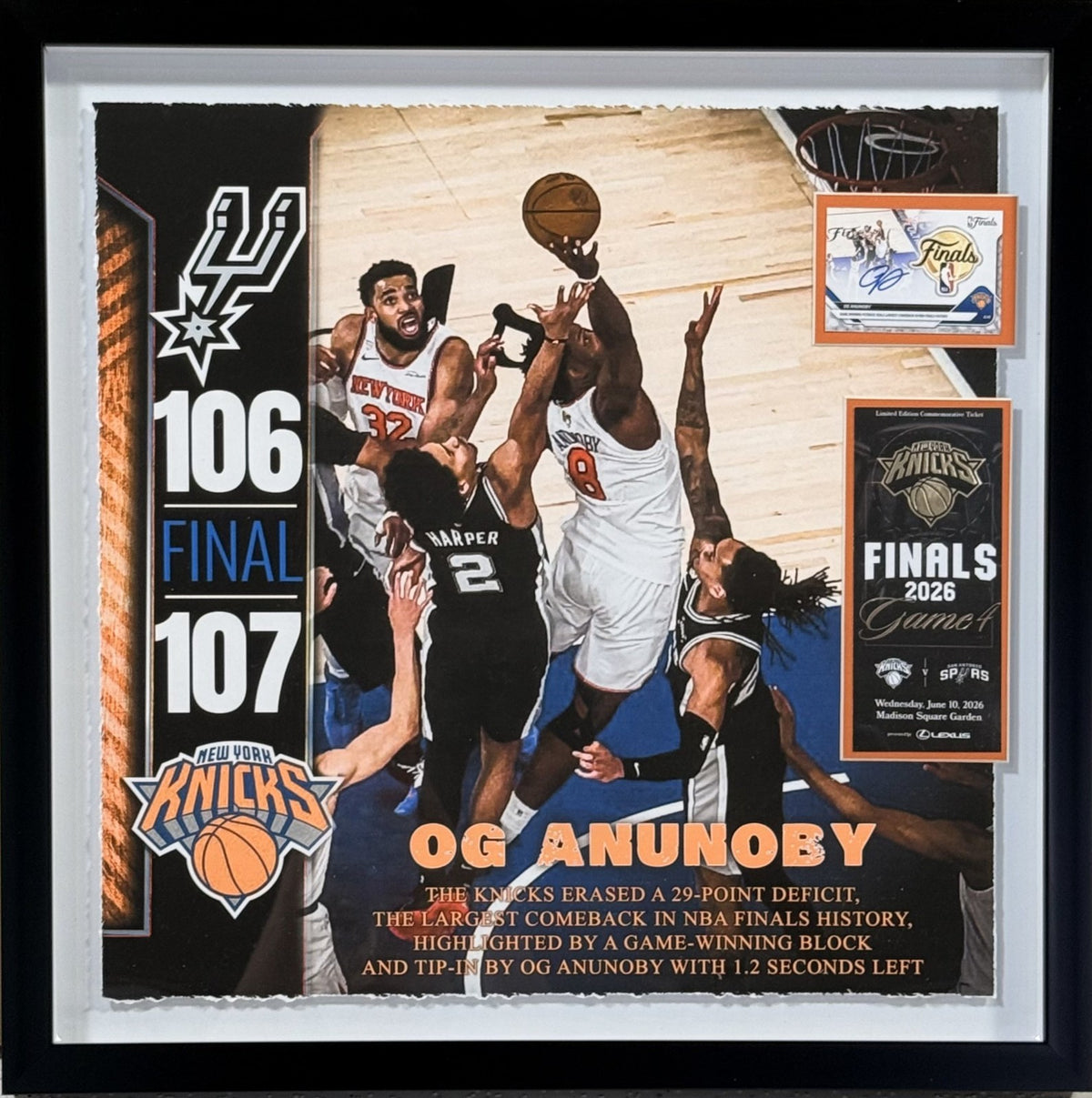 OG Anunoby Tip 2026 NBA Finals Ticket Knicks Framed 3d Photo Shadowbox 22x22