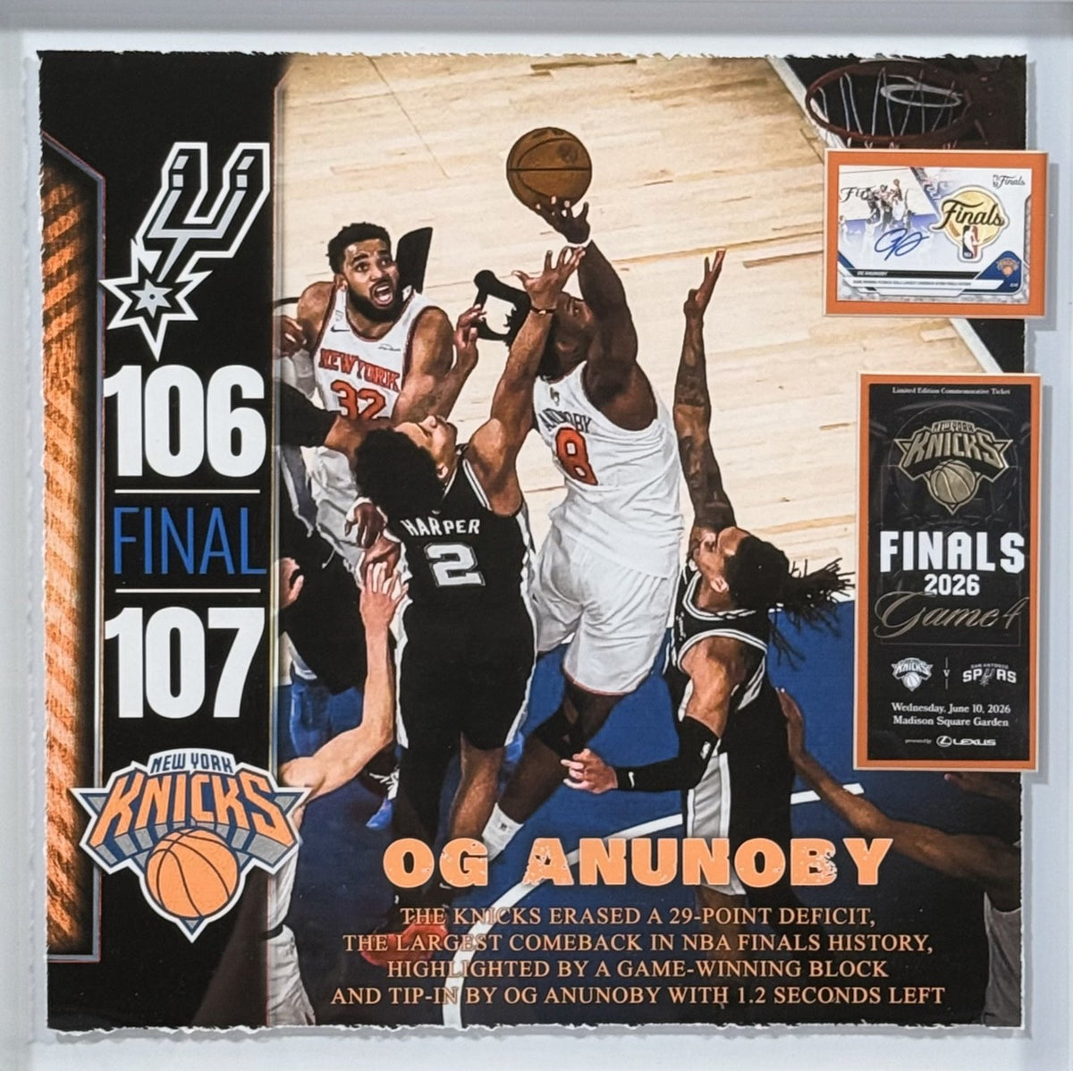 OG Anunoby Tip 2026 NBA Finals Ticket Knicks Framed 3d Photo Shadowbox 22x22