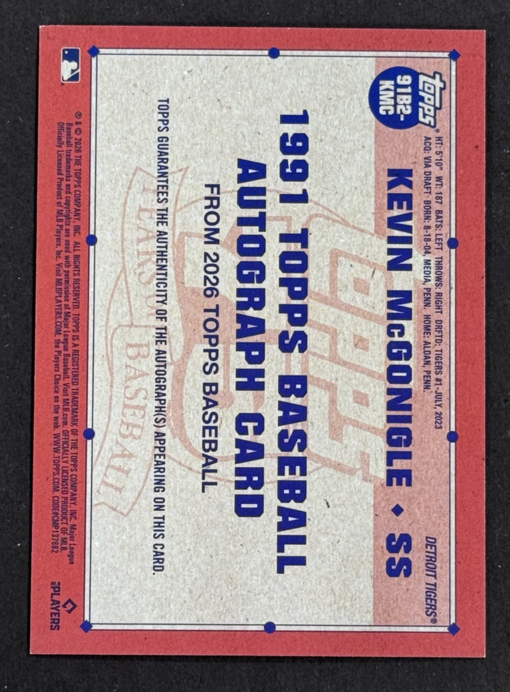 2026 Topps Series 2 Kevin McGonigle 1991 75th Anniversary /150 Det Tigers RC