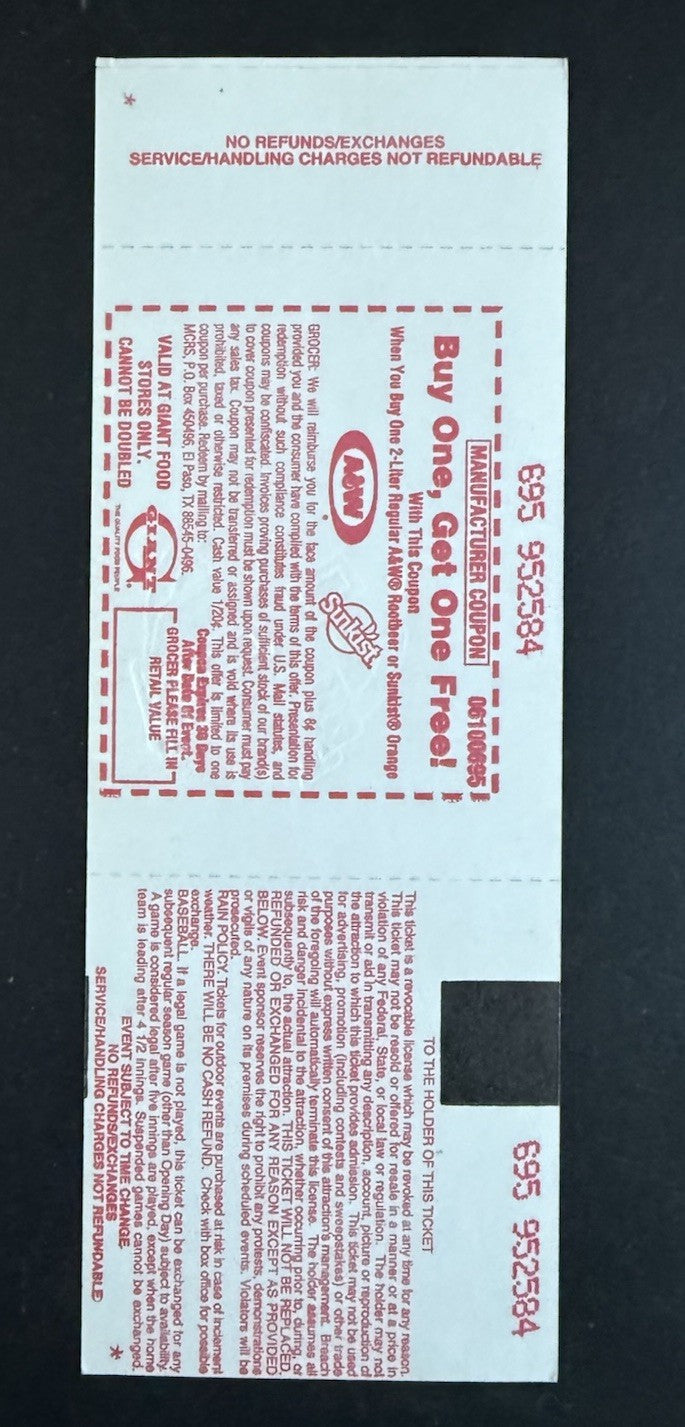 CAL RIPKEN JR. PASSES LOU GEHRIG 2,131 CONSECUTIVE GAMES FULL TICKET Nm - Mint