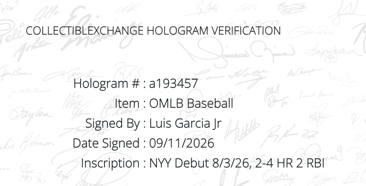 Luis Garcia Jr Signed Official Baseball Yankees Debut Stats Auto Steiner CX COA