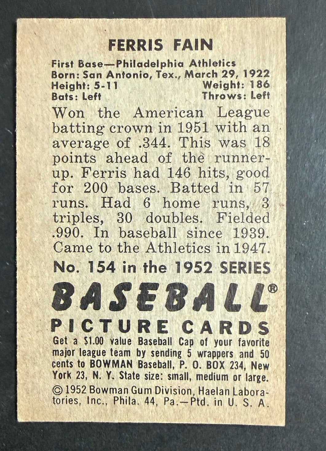 1952 Bowman #154 Ferris Fain Athletics NM Near Mint Centered Clean Beauty