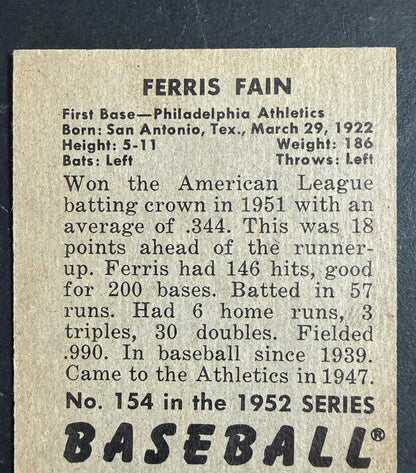 1952 Bowman #154 Ferris Fain Athletics NM Near Mint Centered Clean Beauty