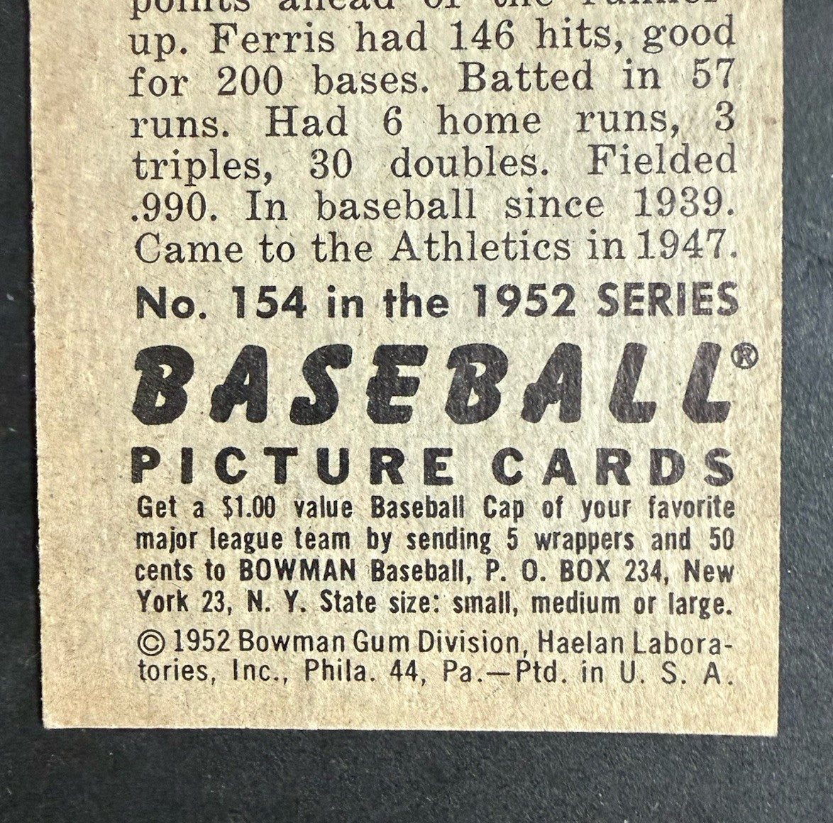 1952 Bowman #154 Ferris Fain Athletics NM Near Mint Centered Clean Beauty