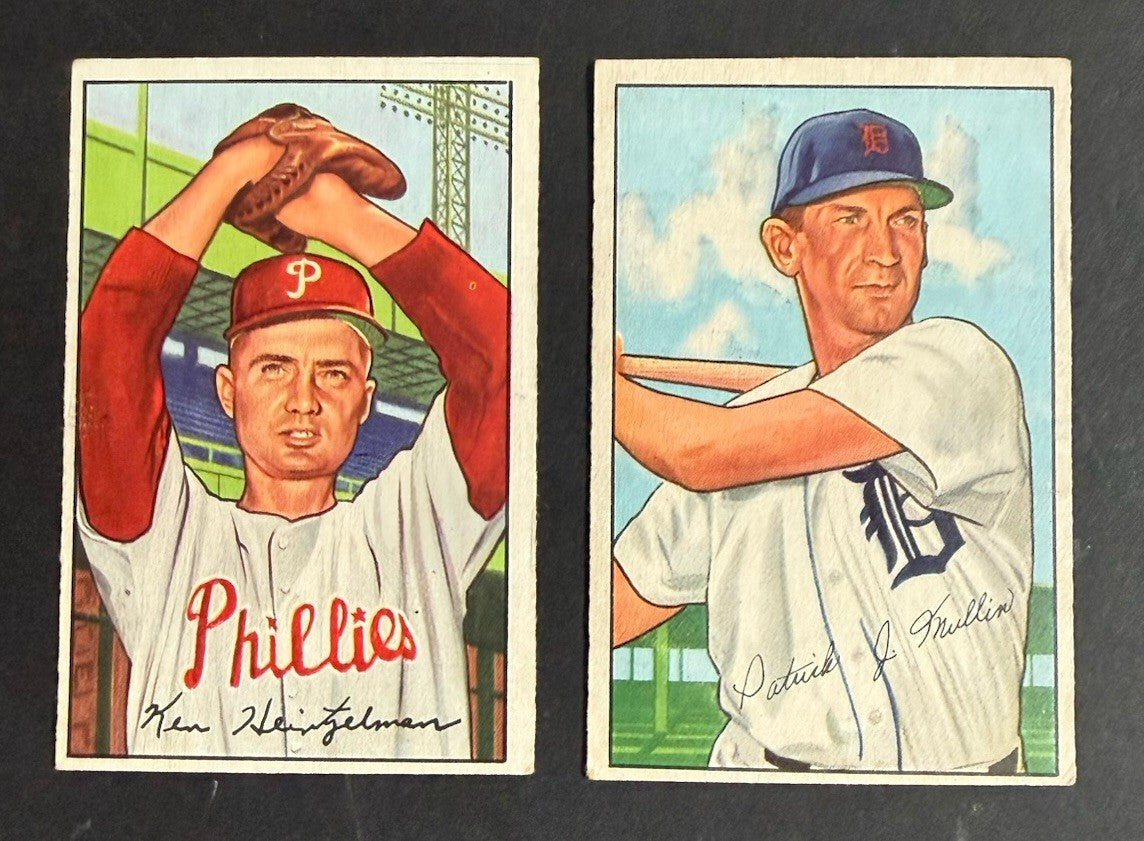 1952 Bowman Baseball 2 Card Lot Pat Mullin  Tigers #183 Ken Heintzelman # 148 Ex