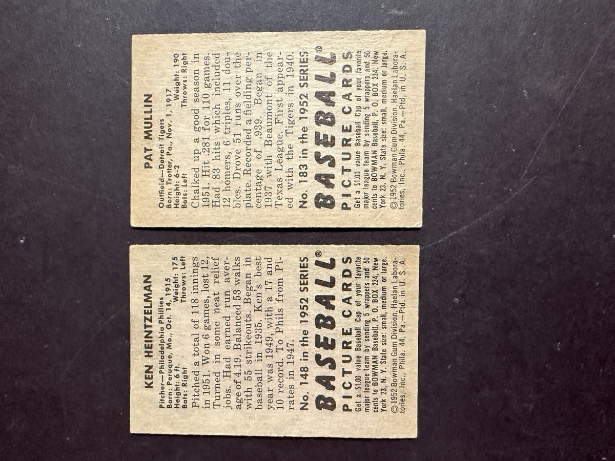 1952 Bowman Baseball 2 Card Lot Pat Mullin  Tigers #183 Ken Heintzelman # 148 Ex