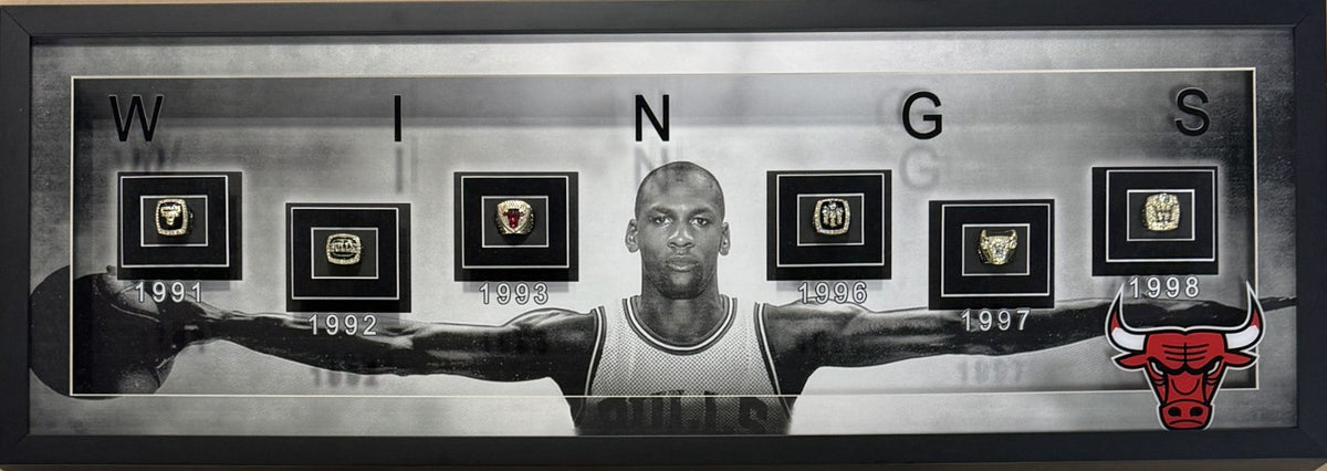Michael Jordan Bulls Wings Framed 15x42 Photo Facsimile Auto NBA Finals 6 Rings