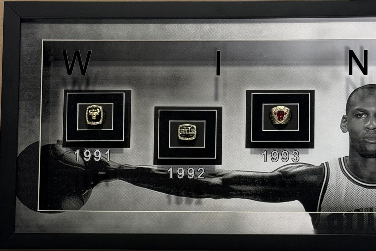 Michael Jordan Bulls Wings Framed 15x42 Photo Facsimile Auto NBA Finals 6 Rings