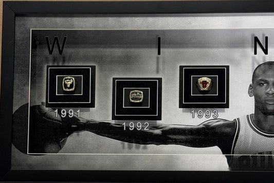 Michael Jordan Bulls Wings Framed 15x42 Photo Facsimile Auto NBA Finals 6 Rings