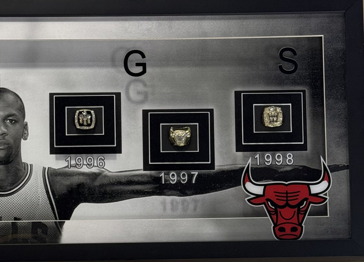 Michael Jordan Bulls Wings Framed 15x42 Photo Facsimile Auto NBA Finals 6 Rings