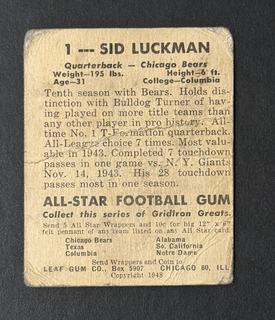 1948 Leaf  Sid Luckman #1 Yellow Background Rc Chicago Bears HOF