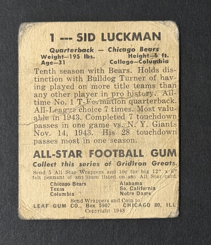 1948 Leaf  Sid Luckman #1 Yellow Background Rc Chicago Bears HOF