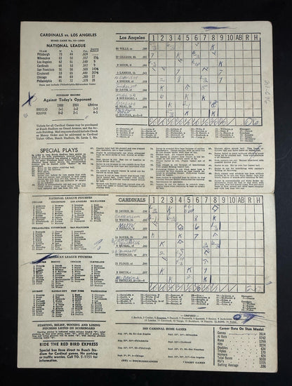 St Louis Cardinals Busch Stadium Scorecard 8/21 1960 Sandy Koufax Vs Broglio