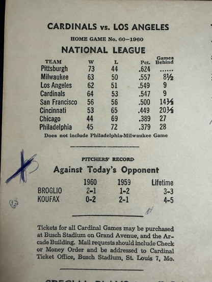 St Louis Cardinals Busch Stadium Scorecard 8/21 1960 Sandy Koufax Vs Broglio