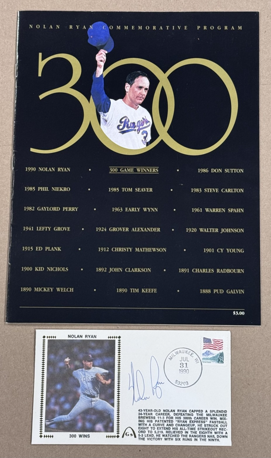 Nolan Ryan Signed 300 Win Cachet + Commemorative Program Auto COA Rangers HOF