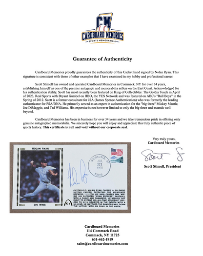 Nolan Ryan Signed 300 Win Cachet + Commemorative Program Auto COA Rangers HOF