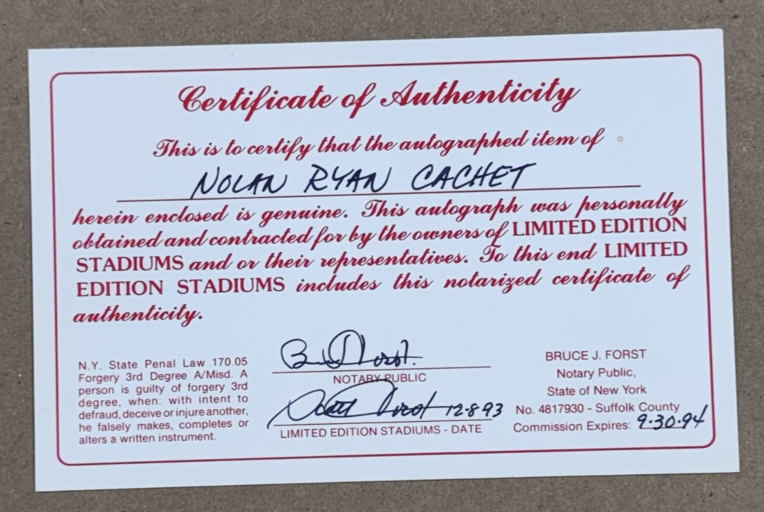 Nolan Ryan Signed 300 Win Cachet + Commemorative Program Auto COA Rangers HOF