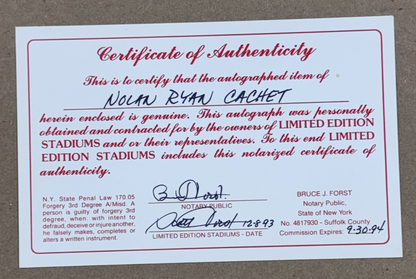 Nolan Ryan Signed 300 Win Cachet + Commemorative Program Auto COA Rangers HOF