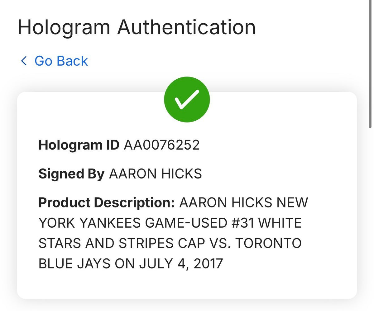 Aaron Hicks #31 Game Used NY Yankees New Era July 4 Hat Fanatics MLB Steiner COA
