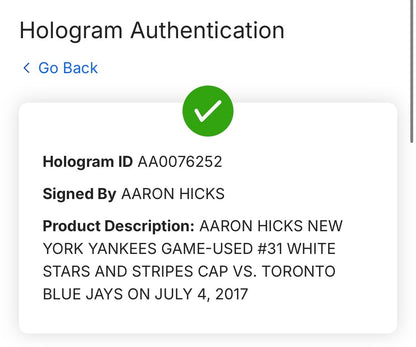 Aaron Hicks #31 Game Used NY Yankees New Era July 4 Hat Fanatics MLB Steiner COA