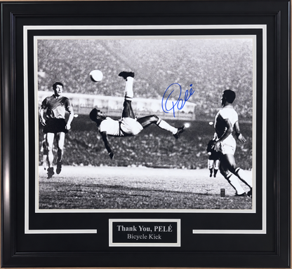Pele Signed 16x20 Bicycle Kick Photo Framed Suede w/ Plaque Auto Pele Holo COA