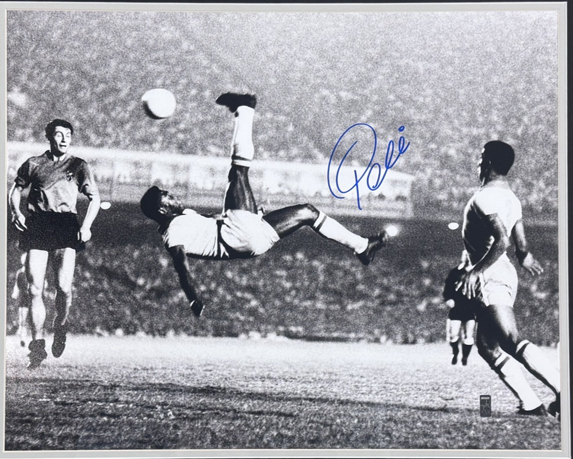 Pele Signed 16x20 Bicycle Kick Photo Framed Suede w/ Plaque Auto Pele Holo COA
