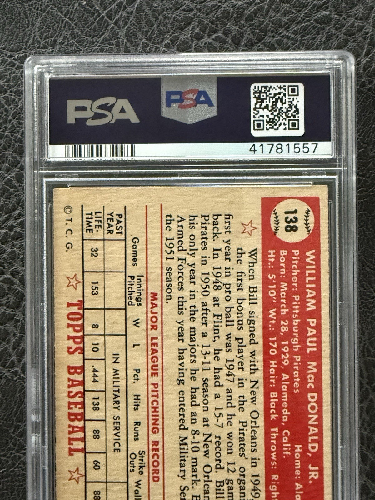 1952 Topps #138 Bill MacDonald PSA 6.5 NICER Dead Centered Low Pop Ex - Mint +