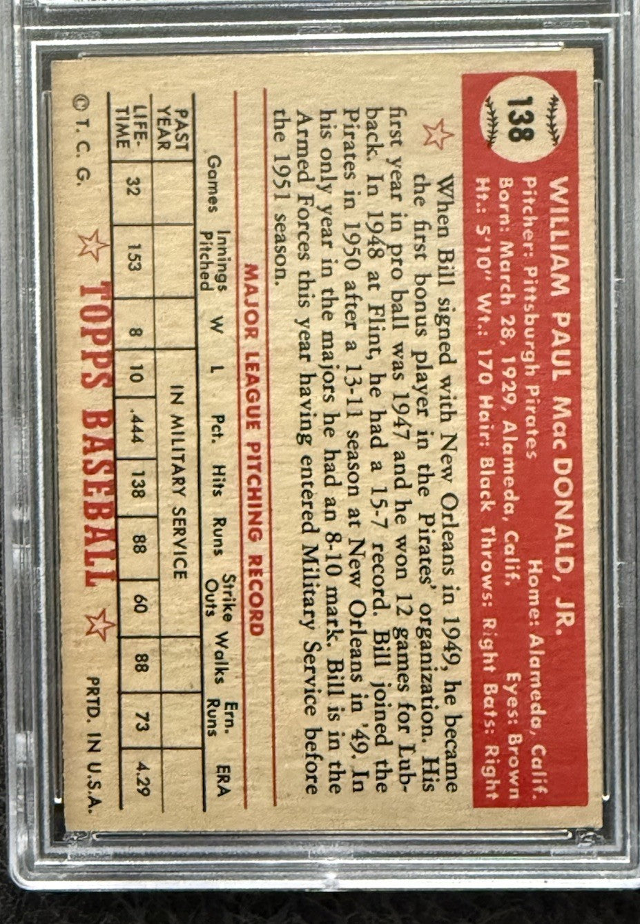 1952 Topps #138 Bill MacDonald PSA 6.5 NICER Dead Centered Low Pop Ex - Mint +