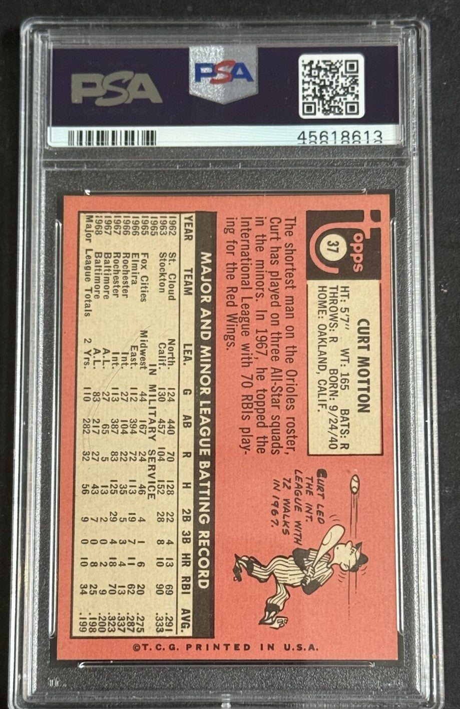 1969 Topps #37 Curt Motton Orioles PSA 9 Mint Centered High End