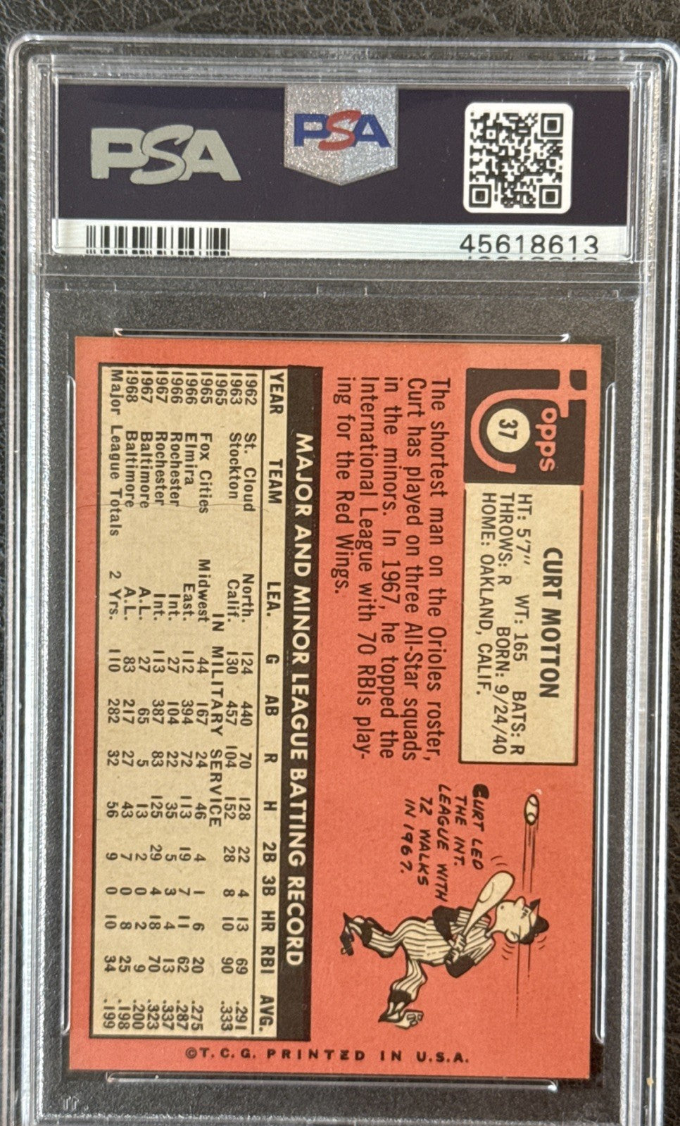 1969 Topps #37 Curt Motton Orioles PSA 9 Mint Centered High End