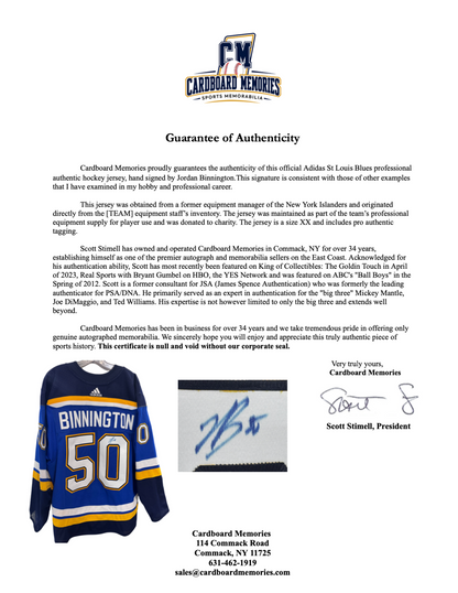Jordan Binnington Signed St Louis Blues Adidas Authentic Jersey Auto COA Size 56