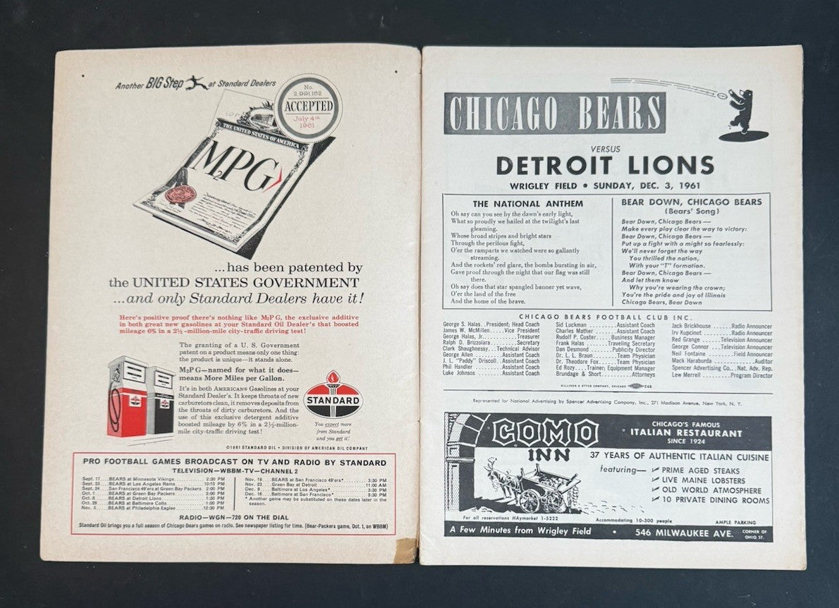 Chicago Bears vs Detroit Lions December 3  1961 Football Program Wrigley Field