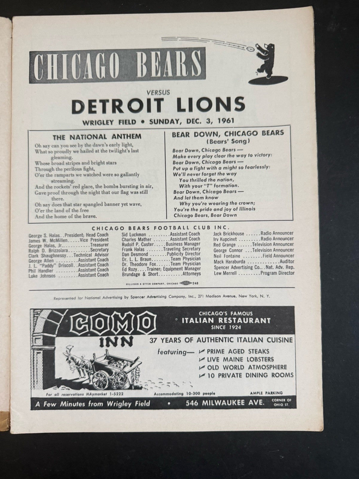 Chicago Bears vs Detroit Lions December 3  1961 Football Program Wrigley Field