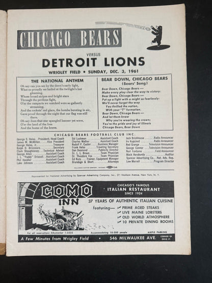Chicago Bears vs Detroit Lions December 3  1961 Football Program Wrigley Field