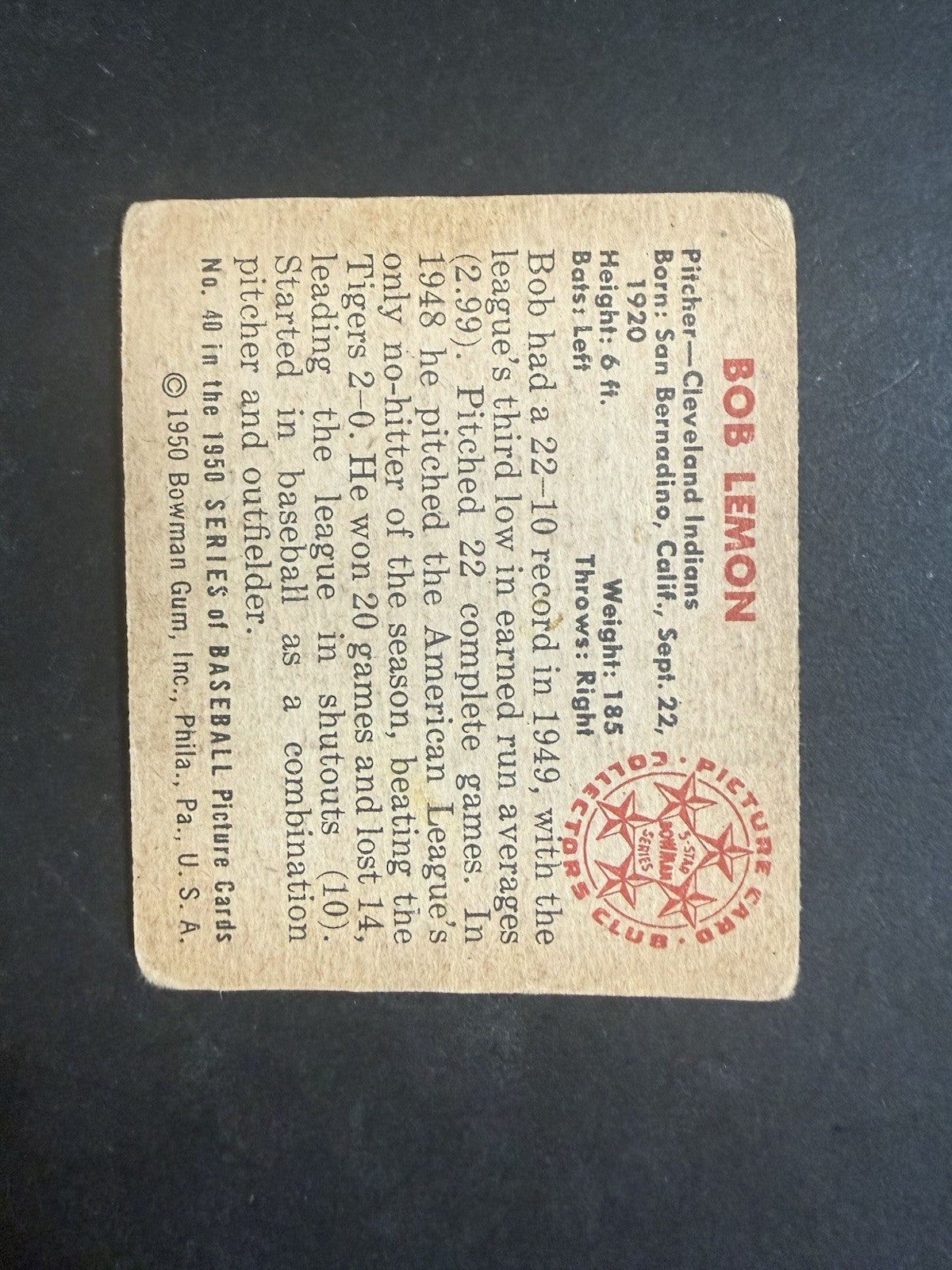 1950 Bowman Baseball #40 Bob Lemon Vg HOF Cleveland Indians