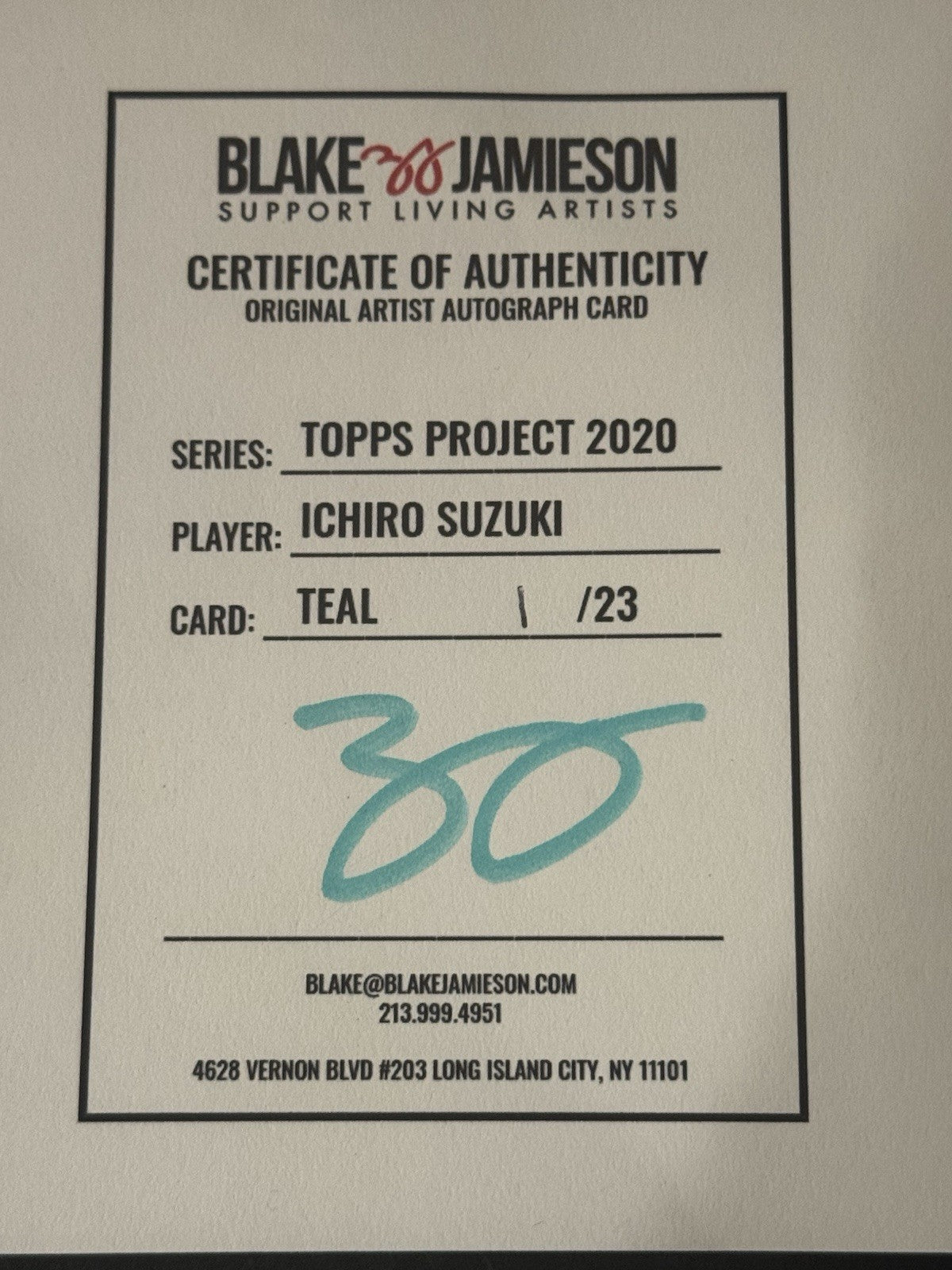 Ichiro Suzuki Topps Project 2020 Blake Jamieson Artist Auto /23 Teal HOF