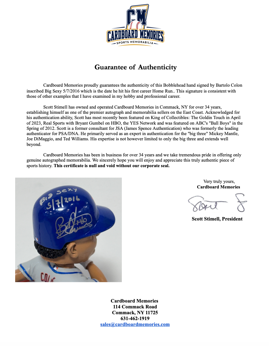 Bartolo Colon Signed LE Forever Bobblehead /2196 Big Sexy Auto COA NY Mets