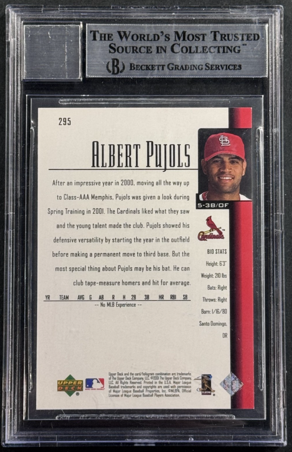Albert Pujols 2001 Upper Deck #295 Rookie SIGNED BECKETT BAS 10 GEM Mint Auto Rc